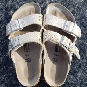 Birkenstock white with silver polka dots